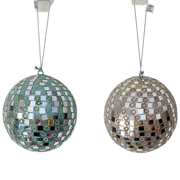 NEW Set of 2 Large Glass Mirror Disco Ball Ornaments with Rhinestones - Picture 3 of 16